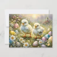 Cute chicks in a meadow with Easter eggs, vintage  Holiday Card