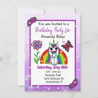 Pretty Purple Unicorn and Rainbow Girl's Birthday Invitation
