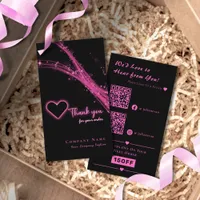 Sparkle Neon Pink Glitter Heart QR Code Thank you Business Card