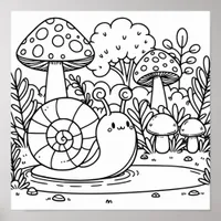 Cute Snail and Mushrooms | Color Me  Poster