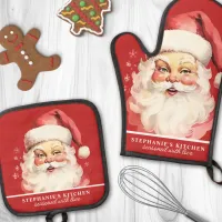 Vintage Watercolor Santa Face Christmas Custom Oven Mitt & Pot Holder Set