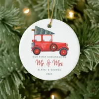 Cute Red Car Christmas Tree First Christmas Photo Ceramic Ornament