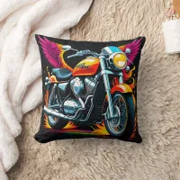 Fiery motorcycle with vibrant wings in sunset glow throw pillow