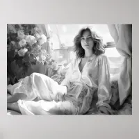 Woman lying on white silk sheets B&W photo Poster