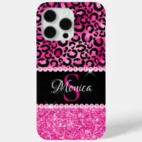 Black and Hot Pink Leopard Spot Glam Monogram iPhone 15 Pro Max Case