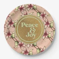 Peace & Joy, Pink Green Gold Poinsettia Christmas Paper Plates