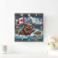 Canadian Beaver Collecting Sticks Near Mountains Square Wall Clock