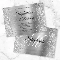 Glittery Silver Fancy Monogram 21st Birthday Invitation