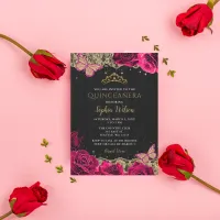 Vintage Pink Roses Black Gold Lace Quincea&#241;era Invitation