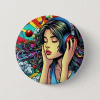 Girl Listening to Music on Headphones Psychedelic Button