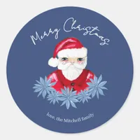 Minimal Santa Cute Poinsettia Blue Merry Christmas Classic Round Sticker