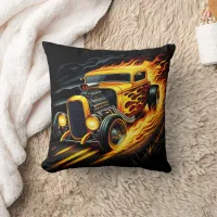 Classic hot rod roaring through a fiery landscape throw pillow