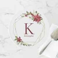 Elegant Holiday Geometric Floral Wreath Monogram Cake Stand