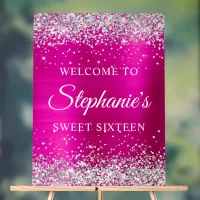 Silver Glitter Hot Pink Foil Sweet Sixteen Welcome Acrylic Sign