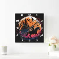 Halloween horse ride under a spooky moonlight square wall clock