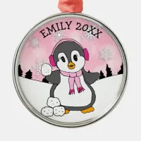 Cute Penguin Throwing Snowballs Christmas Metal Ornament