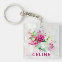 Romantic Pink Rose With Bokeh & Sparkles on White  Keychain