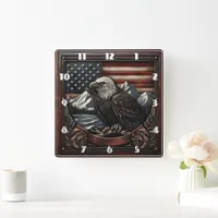 Bald Eagle Designed Against American Flag Motif Square Wall Clock