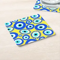 Greek Eye Symbol Blue Yellow and White Pattern Square Paper Coaster