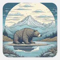 Bear, Mountains, Lake, Full Moon Ai Art Square Sticker