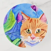 Colorful Watercolor Art | Orange Cat and Flowers Trinket Tray