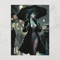 Beautiful Vintage Woman Walks in The Rain Postcard