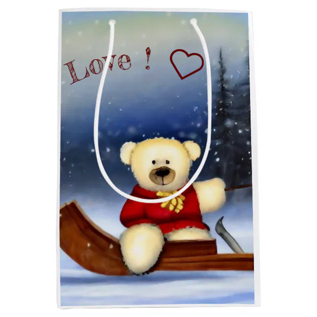 Bear on a sledge in the snow medium gift bag