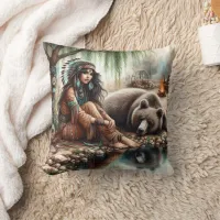 Native American Woman by River With Bear Throw Pillow