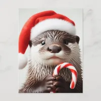 Otter Santa Hat Adorable Candy Cane Postcard