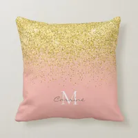 Metallic Gold Glitter Rain + Rose Quartz Monogram Throw Pillow