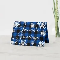 Season's Greetings Blue Buffalo Plaid Snowflakes Holiday Card