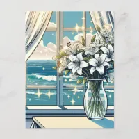 Pretty Ocean View and Vase of Flowers  Postcard