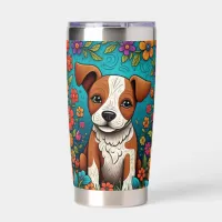 Cute Puppy with Whimsical Folk Art Flowers Insulated Tumbler