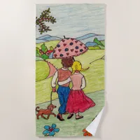 Cute drawing - lovers in spring beach towel