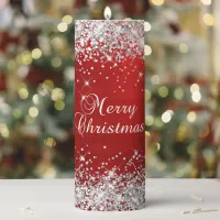 Silver Glitter Red Foil Merry Christmas Pillar Candle