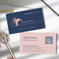 Modern Rose Gold House Icon Navy Blue Real Estate Business Card