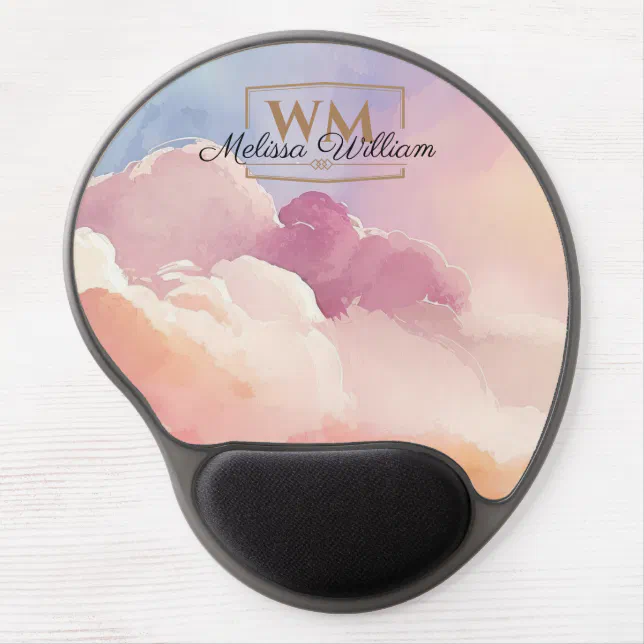 Watercolor Clouds Black Gold Monogram Name Script Gel Mouse Pad