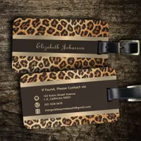 Elegant Leopard Animal Print Brown & Gold Stripe Luggage Tag