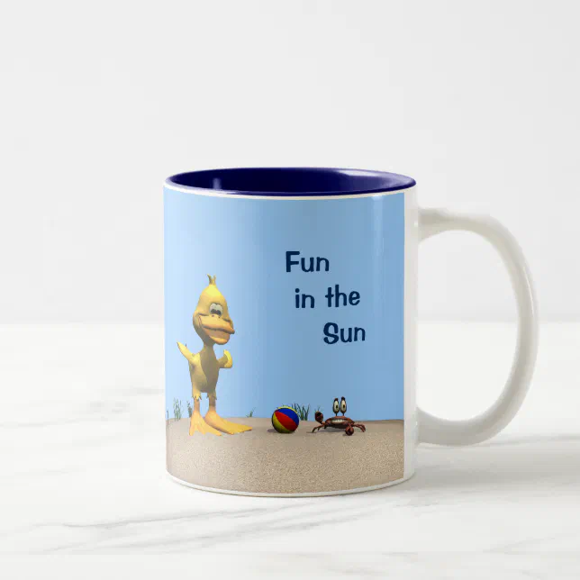 Cute Cartoon Duck and Crab on Beach Two-Tone Coffee Mug