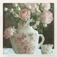 Pretty Pink Roses in Vintage Antique China Teapot Glass Coaster