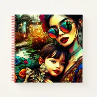 Colorful Art Mom and Daughter Asian Flower Garden Notebook