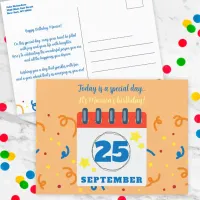 Calendar Page September 25th Birthday Celebration Postcard