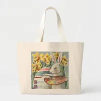 Vintage Easter Bunny Artist Painting an Egg, ZSSG Large Tote Bag