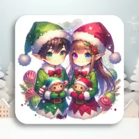 Two Anime Elves | Cute Christmas Square Sticker