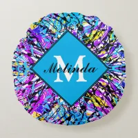 Colors of Life Vivid Abstract Art Monogram Initial Round Pillow