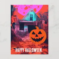  Retro Haunted Halloween House Pink Orange Blue Postcard