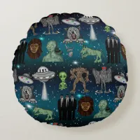 UFO Aliens Chupacabra Bigfoot Cryptids   Round Pillow