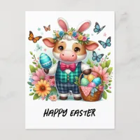 Adorable Easter Cow Bunny in Blue Plaid Suit Postcard