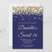 Budget Pale Gold Glitter Navy Sweet 16 Invitation