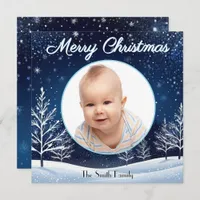 Winter Snow Blue Night Sky Custom Photo Elegant  Holiday Card